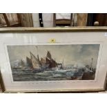 A framed lithograph, harbour scene after Thomas Bush Hardy. 10½' x 23'