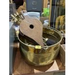 A brass log bin, fireside companion set and fireside bellows
