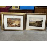 Five large gilt framed prints of game birds or stag in landscapes
