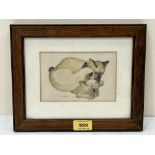 JANICOTTE. FRENCH 20TH CENTURY Study of three Siamese cats. Signed. Watercolour 4' x 6'