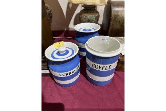 Three T & G Green Cornish Ware jars. The coffee jar lacking cover