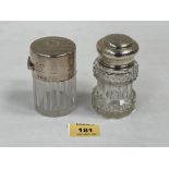 Two George V cut glass Cologne bottles with stoppers and silver lid or screw top. Birmingham 1911
