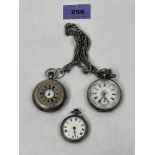 Three silver fob watches