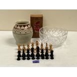 A set of Staunton boxwood chess pieces; An Art-Deco vase and a cut glass fruit bowl