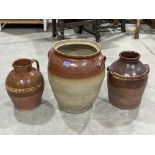 Two glazed earthenware jars and a pitcher. 16½' high and smaller