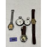 Two silver keyless watches and three wristwatches