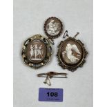 A 9ct gemset bar brooch and three shell cameo brooches