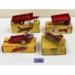 Dinky Toys. Four farming implements - 27K; 321; 319 and 320. Boxed