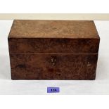 A Victorian burrwood tea caddy with a pair of cut glass caddies. Stoppers associated and bowl