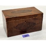 A George IV burr yew inlaid tea caddy. 8' wide. Interior gutted