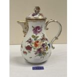 A late Meissen coffee pot and cover, the baluster body gilded and painted in enamels with summer