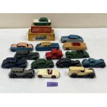 Dinky Toys. Fifteen motorcars and a caravan. Two boxed. Playworn