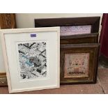 Three facsimile prints of needlework samplers and a framed print of Oxford