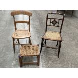 An Arts and Crafts simulated rosewood side chair; a cane seated chair and a rush seated stool (3)