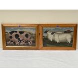 ELIZABETH BRADLEY Two framed tapestries of sow with piglets and ewe with lamb. 13' x 20'