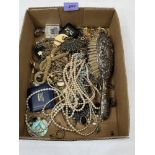 A box of miscellaneous jewellery to include a silver backed hairbrush