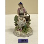 A Volkstadt figure of a girl seated on a knoll with basket. 5½' high