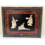 A Japanese Meiji carved bone and mother-of-pearl geisha figure picture on lacquered wood panel.