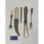 A silver handled and mother-of-pearl letter opener; a silver fish knife with mother-of-pearl handle;