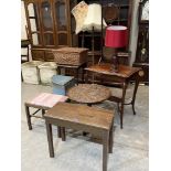 Eleven items of miscellaneous furniture to include a Lloyd Loom linen basket, carved oak table etc.