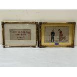 Two early 20th century framed needleworks, depicting a couple of farmworker and a religious verse.