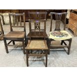 Three 18th century joined oak country side chairs and a caned seat chair by Waring and Gillow