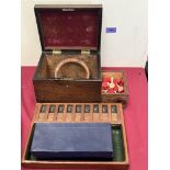 A Shut The Box game; a set of bone chess pieces; a mahogany box etc.