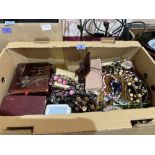 A box of costume jewellery and sundries