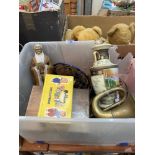 A box of sundries, Pelham puppet, cameras etc.