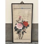 CHINESE SCHOOL. 20TH CENTURY A polychrome print of peonies and flying insects. 37' x 18½'