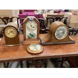 Three mantle clocks and a small aneroid barometer