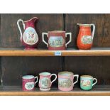 Two 19th century Prattware jugs and five mugs