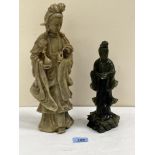 Two oriental jade or soapstone carved figures of Guanyin. The larger 13' high, head re-stuck