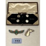 An Egyptian hardstone and enamel 'scarab' brooch, as silver horse head brooch and four shirt studs
