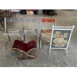 A gout stool; a metal firescreen and three folding chairs. (5)