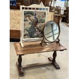 An oak low table; a painted tapestry fire screen and a mahogany dressing table mirror (3)