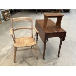 A Victorian ash and elm armchair; a 19th century Pembroke table and an oak stool. (3)
