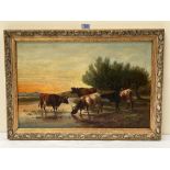 THOMAS SIDNEY COOPER R.A. BRITISH 1803-1902. An evening landscape with cattle. Signed and dated