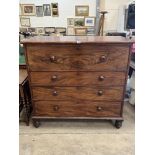 A Victorian mahogany chest of four long drawers on turned feet. 48'w x 47'h. Splits to sides