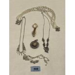 Five items of silver jewellery; a plated lady's wristwatch and a bead necklace