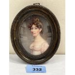 ENGLISH MINIATURIST. 19TH CENTURY Portrait of a lady, quarter length wearing a low cut pink dress.