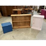 A pine open bookcase; a painted pine cupboard and a painted box (3)