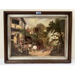 ENGLISH NAIVE SCHOOL. LATE 19TH/EARLY 20TH CENTURY A village scene with figures. Oil on canvas