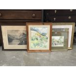 Three framed watercolour drawings by local artist's and a pair of monochrome prints