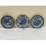 Two Chinese octagonal porcelain blue and white bowls and an octagonal plate. 8¾' diam and smaller.