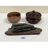 Two items of treen with a mounted geological specimen (fossilised wood?)