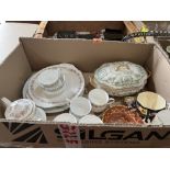Two boxes of miscellaneous ceramics to include a Bretby Arts and Crafts two handled vase (handle