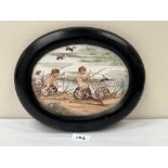 A framed ceramic plaque signed H.C. Hulton, painted with infants riding snails on a path pursued