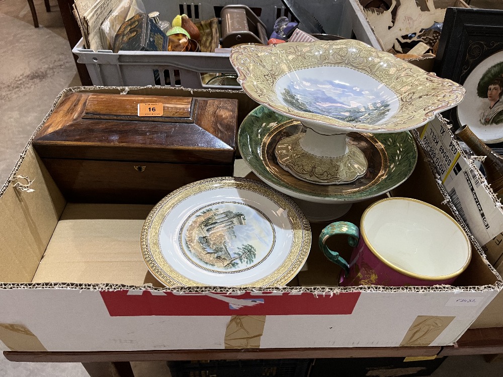 Three Prattware comports; a 19th century mug and a rosewood sarcophagus tea caddy