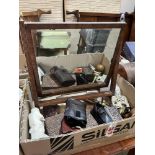 A mahogany dressing table mirror; a brass candlestick and sundries